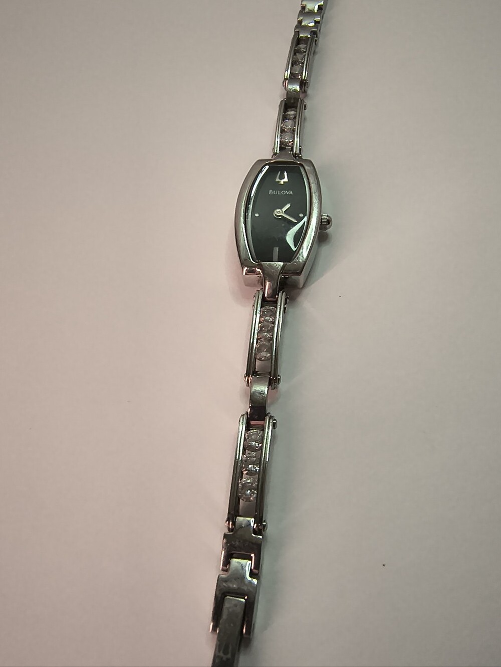 Dainty Bulova Silver Tone Watch Bracelet with Black Dial Crystal Accents